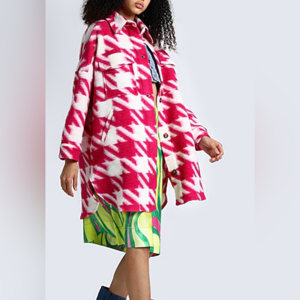 8 by Yoox Made In Italy Cozy Plush Fuschia Houndstooth Shacket Button Down XXL